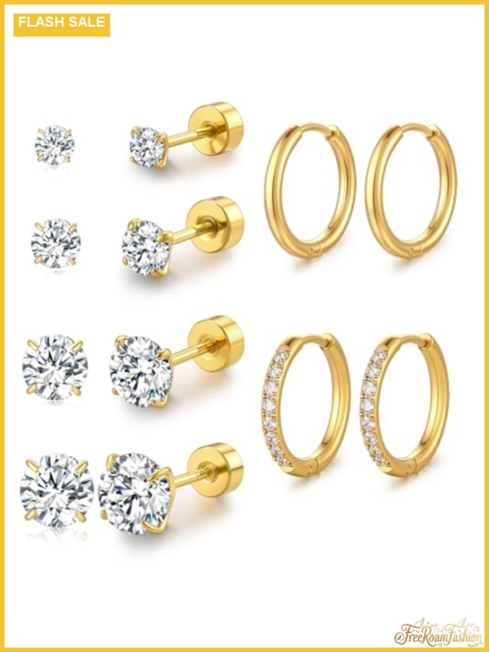 Flat Back Stud Earrings Set Surgical Steel CZ Huggie Hoop Cartilage Earrings